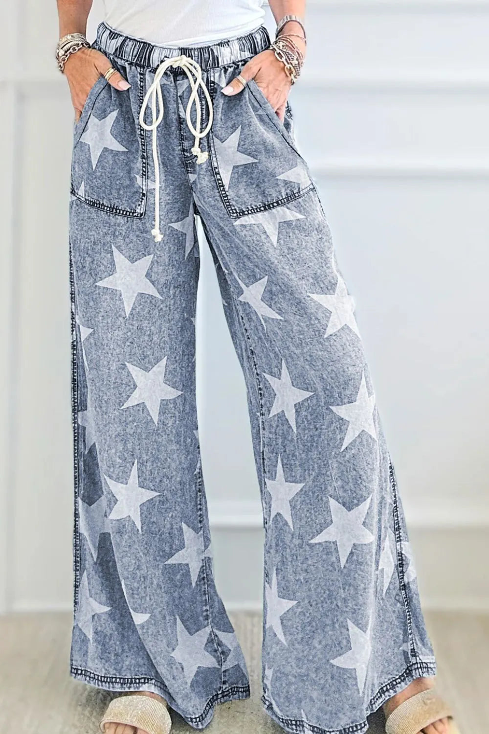 Star Print Washed Drawstring High Waist Wide Leg Jeans 