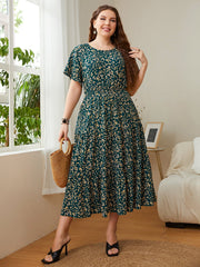 Honey Plus Size Floral Round Neck Short Sleeve Midi Dress 