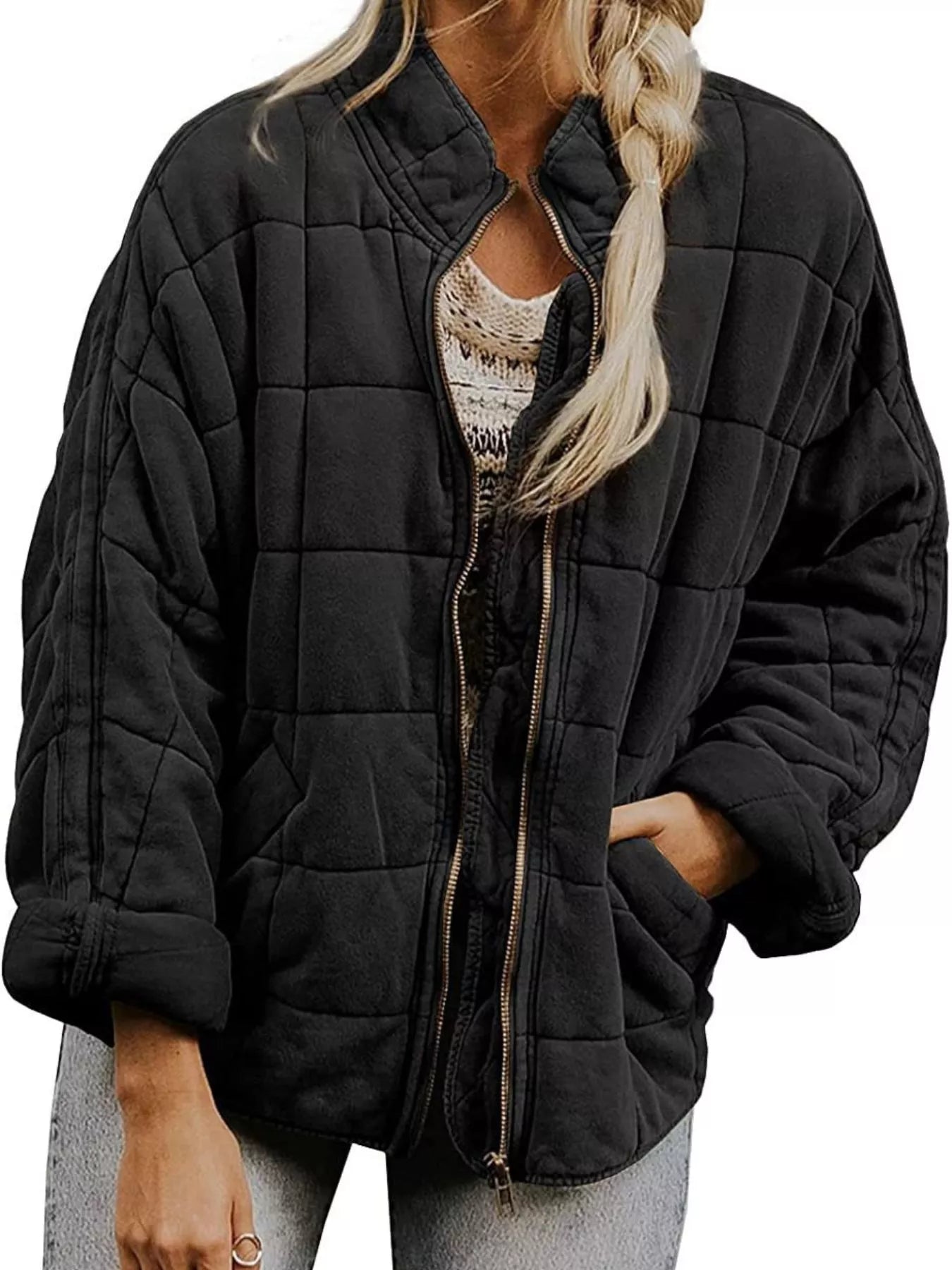 Full Size Zip Up Quilted Bomber Jacket Plus Size 