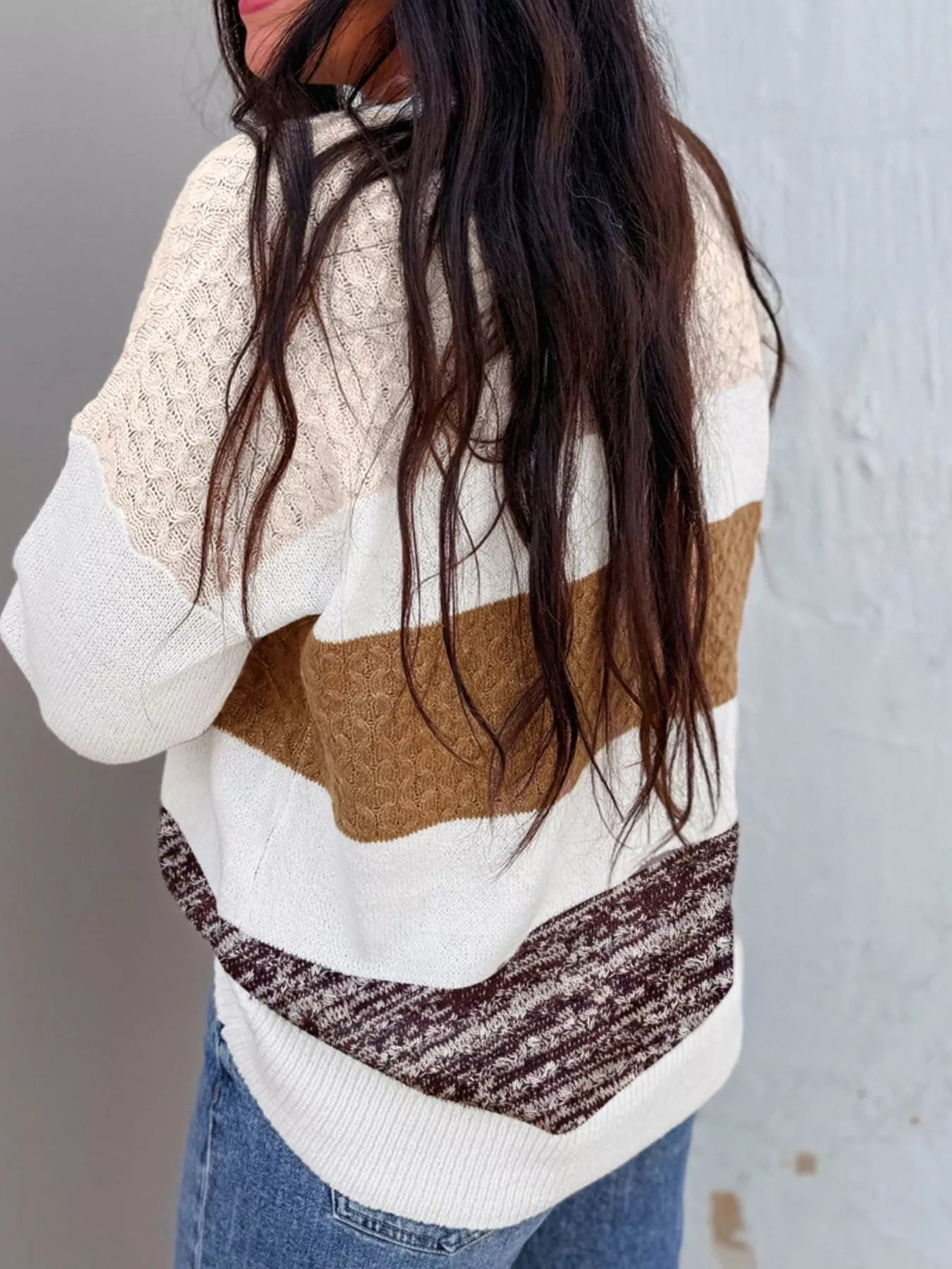 Mixed Texture Knit Striped Color Block Loose Sweater 