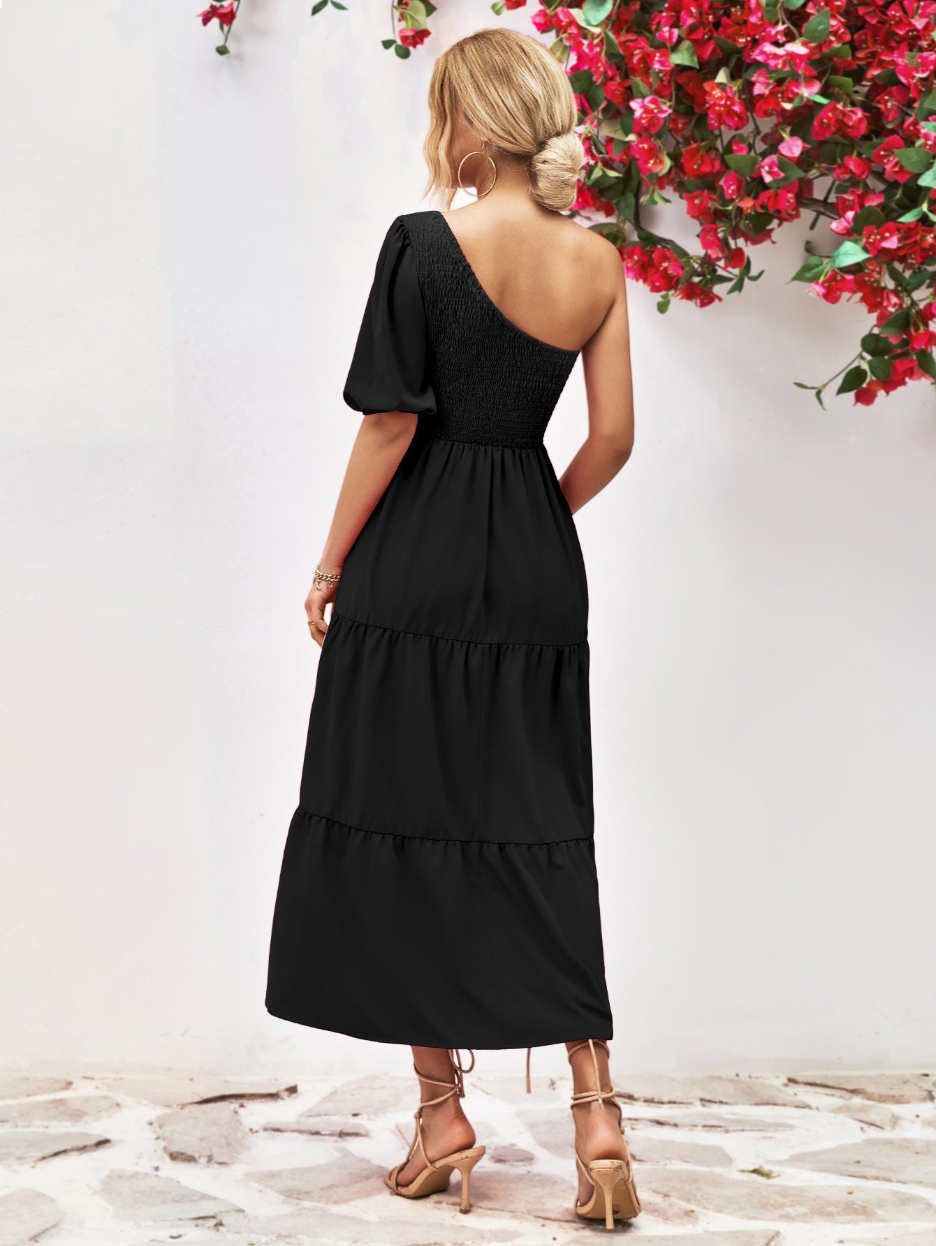 Smocked One-Shoulder Midi Dress 