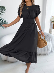 Smocked Frill Round Neck Midi Dress 