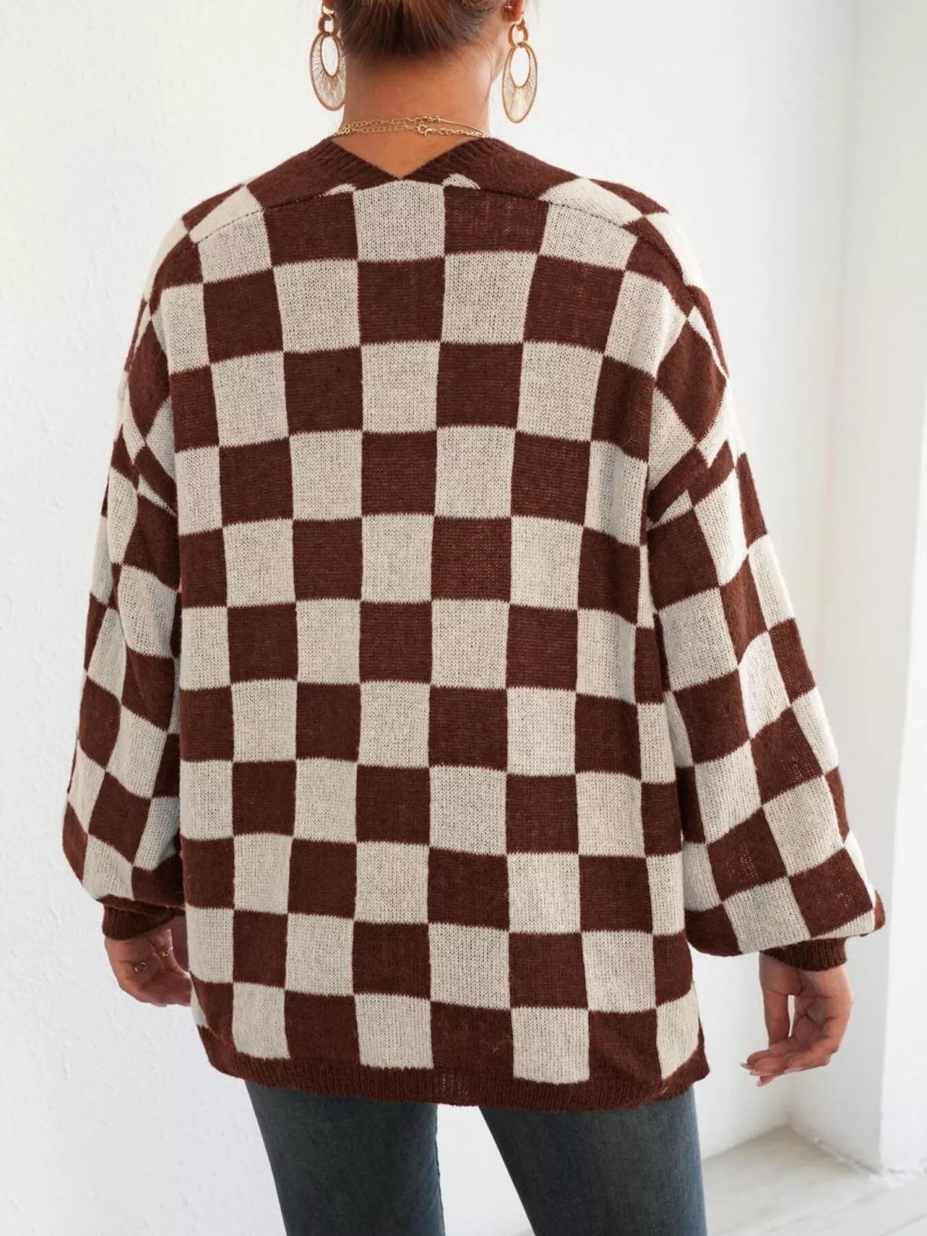 Checkerboard Pattern Open Front Knit Cardigan 