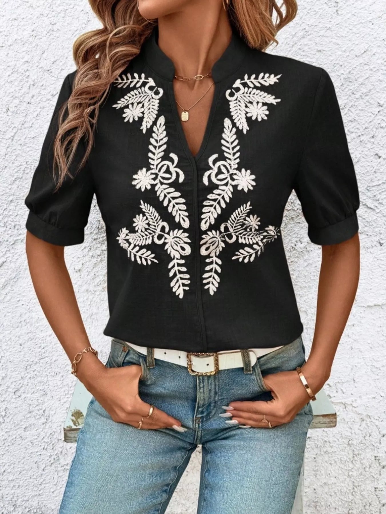 Embroidered Notched Short Sleeve Blouse 
