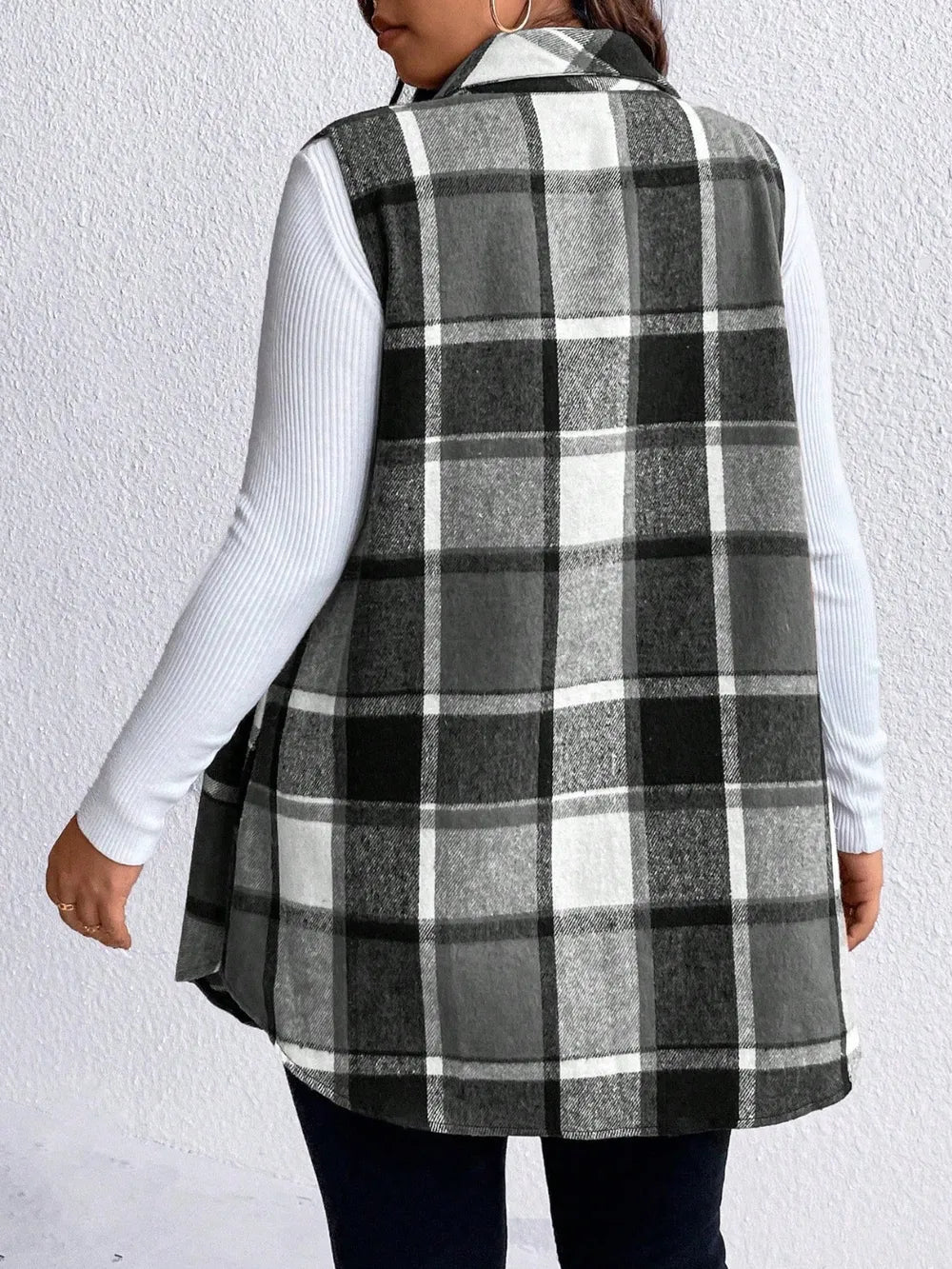 Honey Plus Size Pocketed Plaid Button Up Vest Coat 