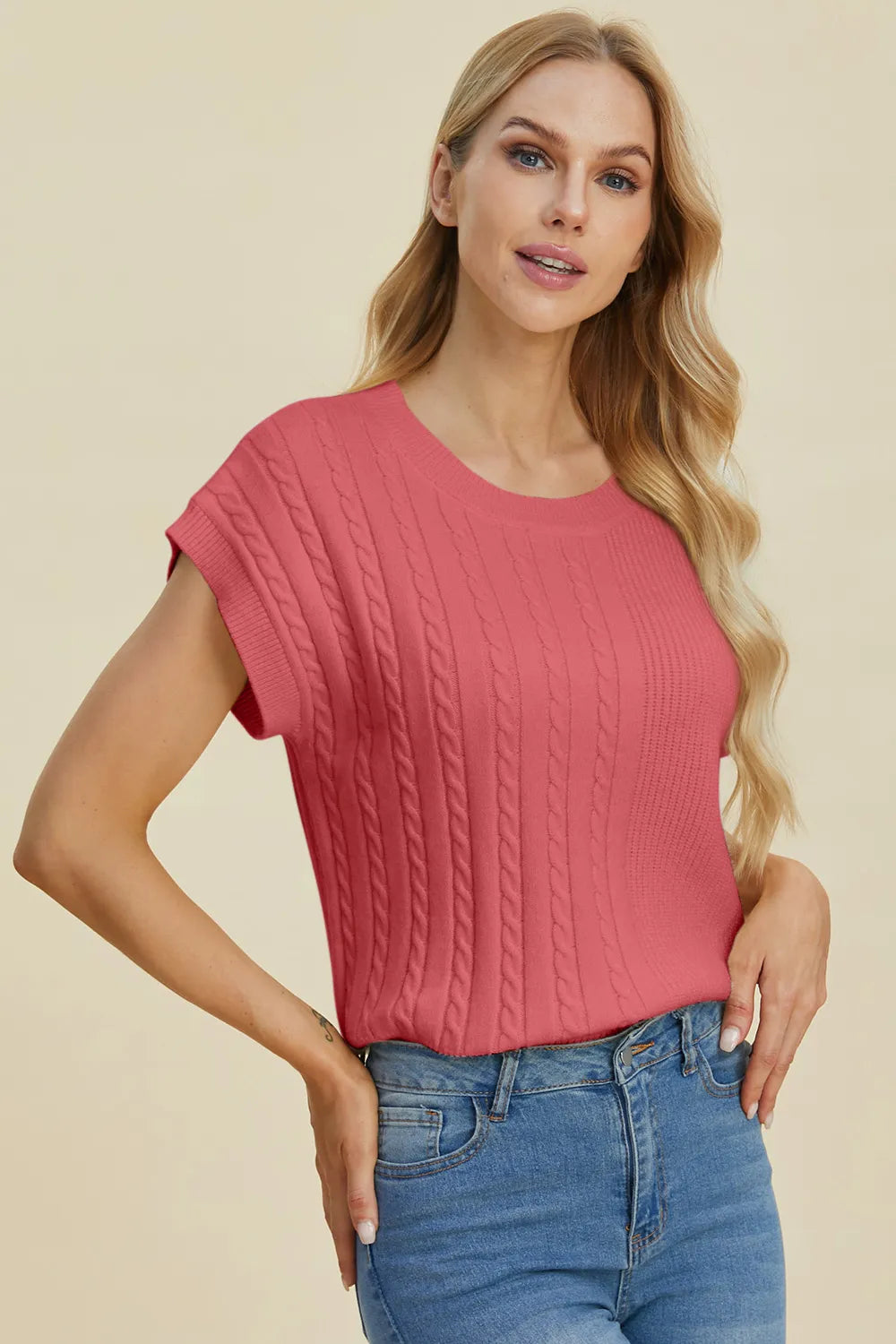 Double Take Full Size Cable-Knit Round Neck Short Sleeve Sweater 