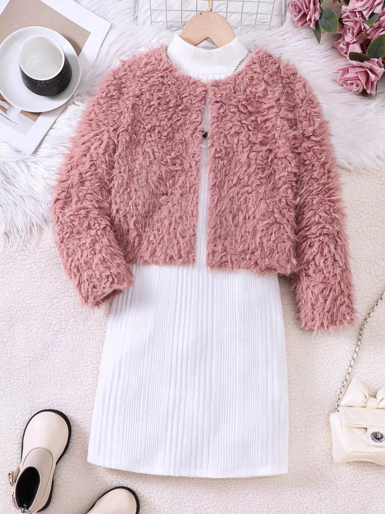Children's Faux Fur Jacket & Ribbed Dress Set 