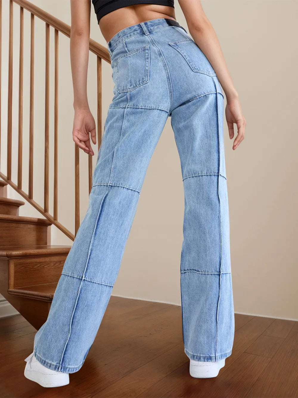 High Waist Straight Jeans with Pockets 