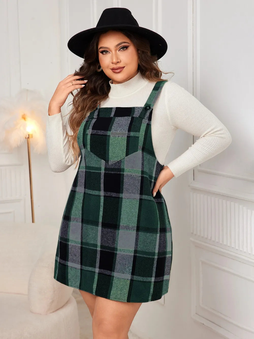 Honey Plus Size Plaid Wide Strap Overall Dress 