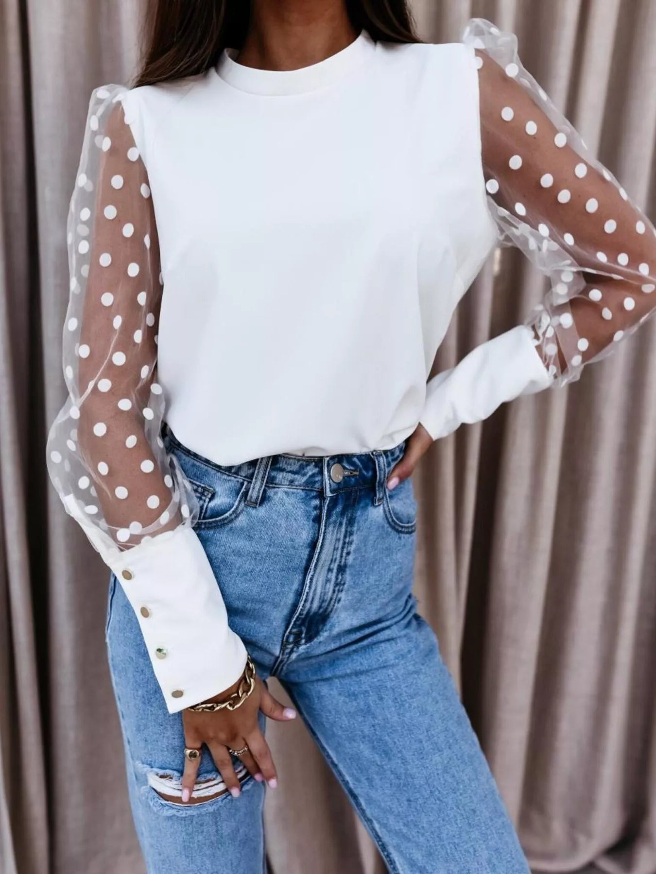 Polka Dot Mesh Sleeve Blouse 