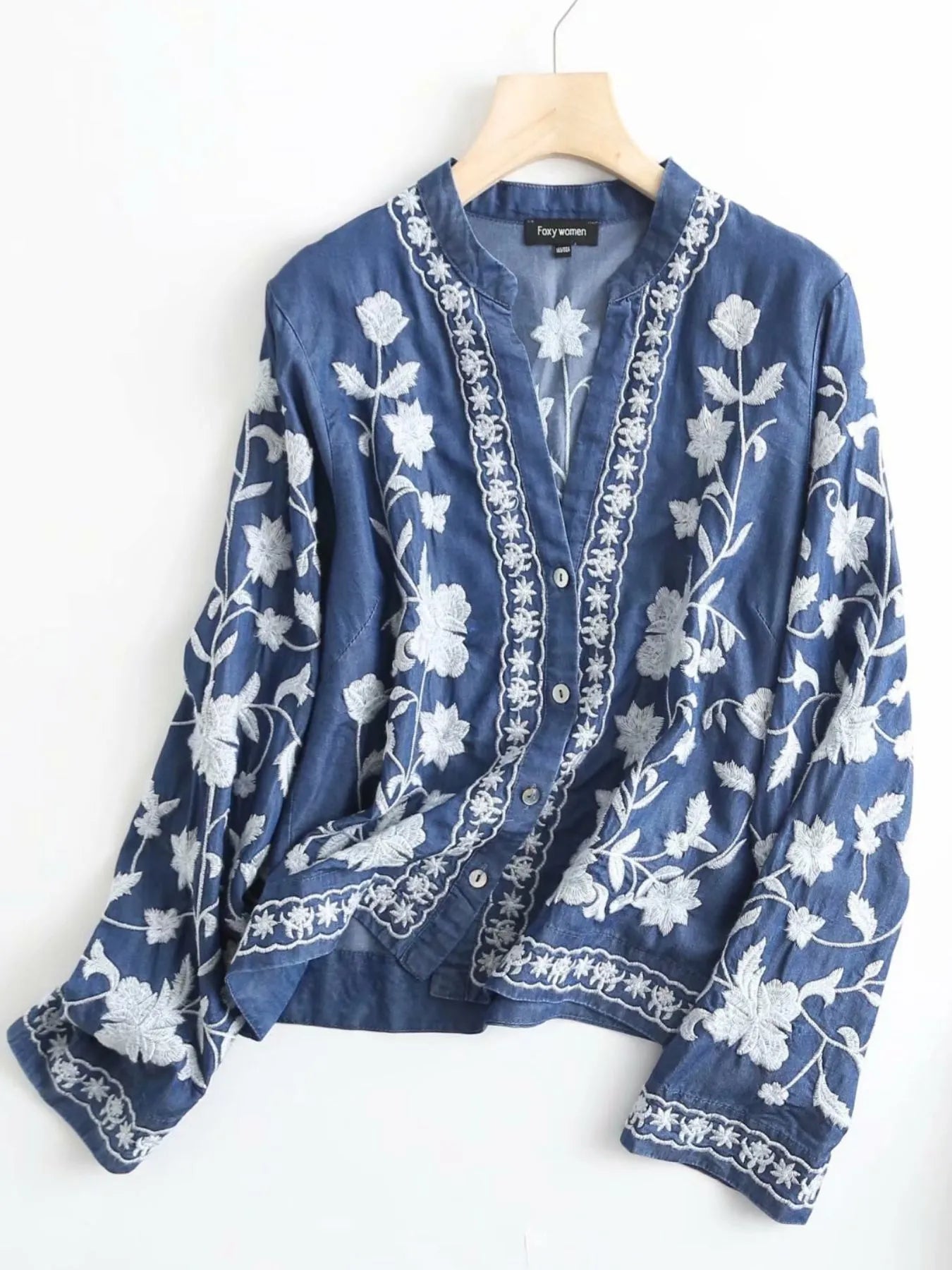 Floral Embroidered Button Up Denim Shirt 