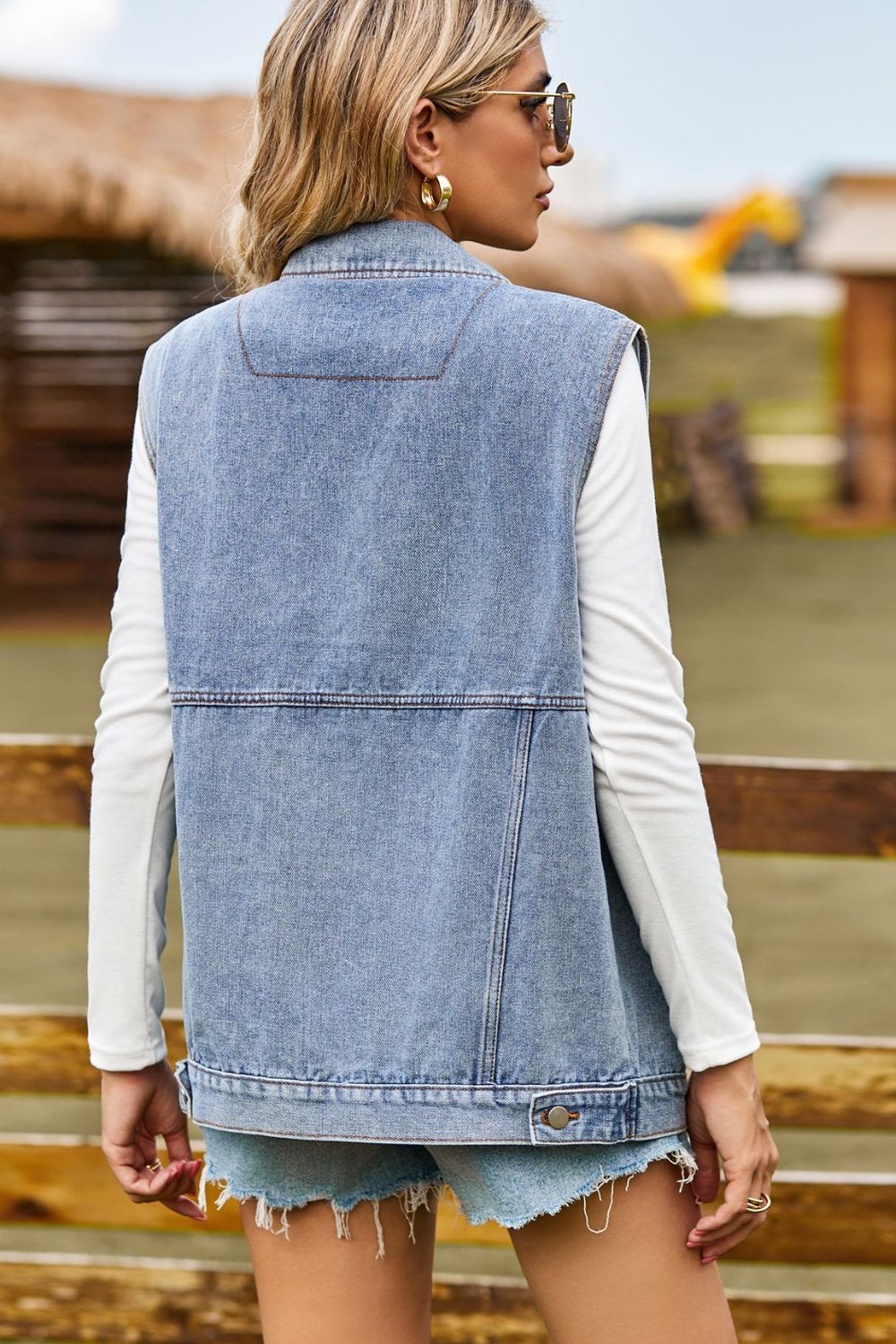 Sleeveless Collared Neck Denim Top with Pockets 