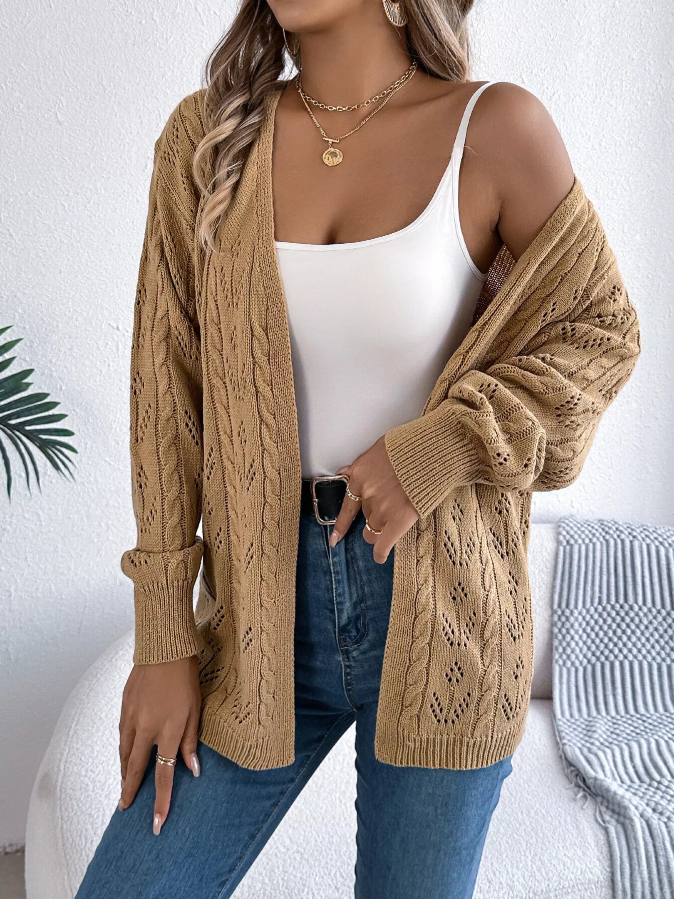 Openwork Open Front Long Sleeve Cardigan 