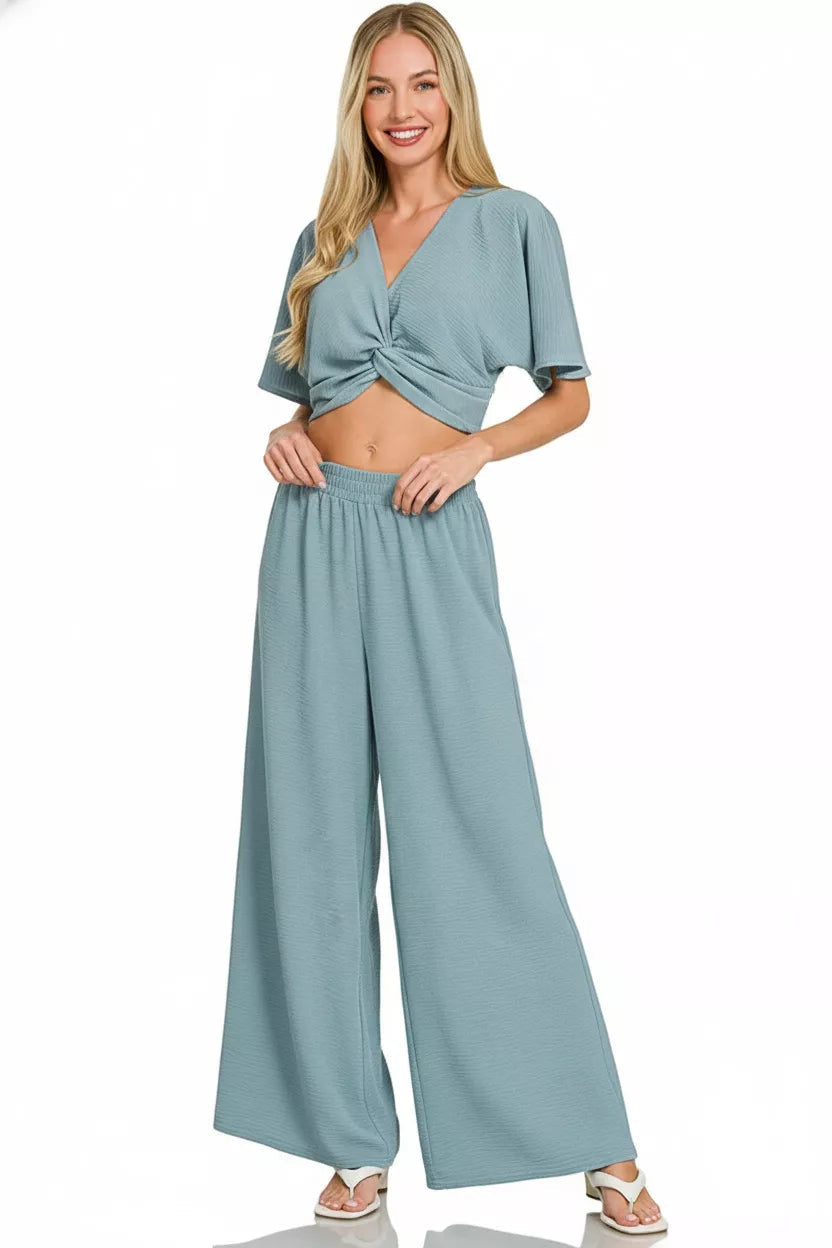 Zenana Woven Airflow Twisted Top & Wide Leg Pants Set 
