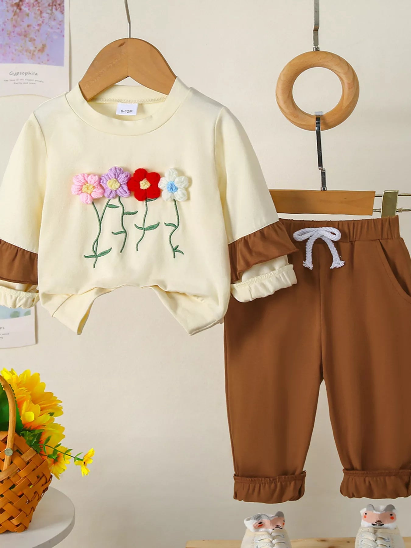 Children's Flower Long Sleeve Top and Pants Set 