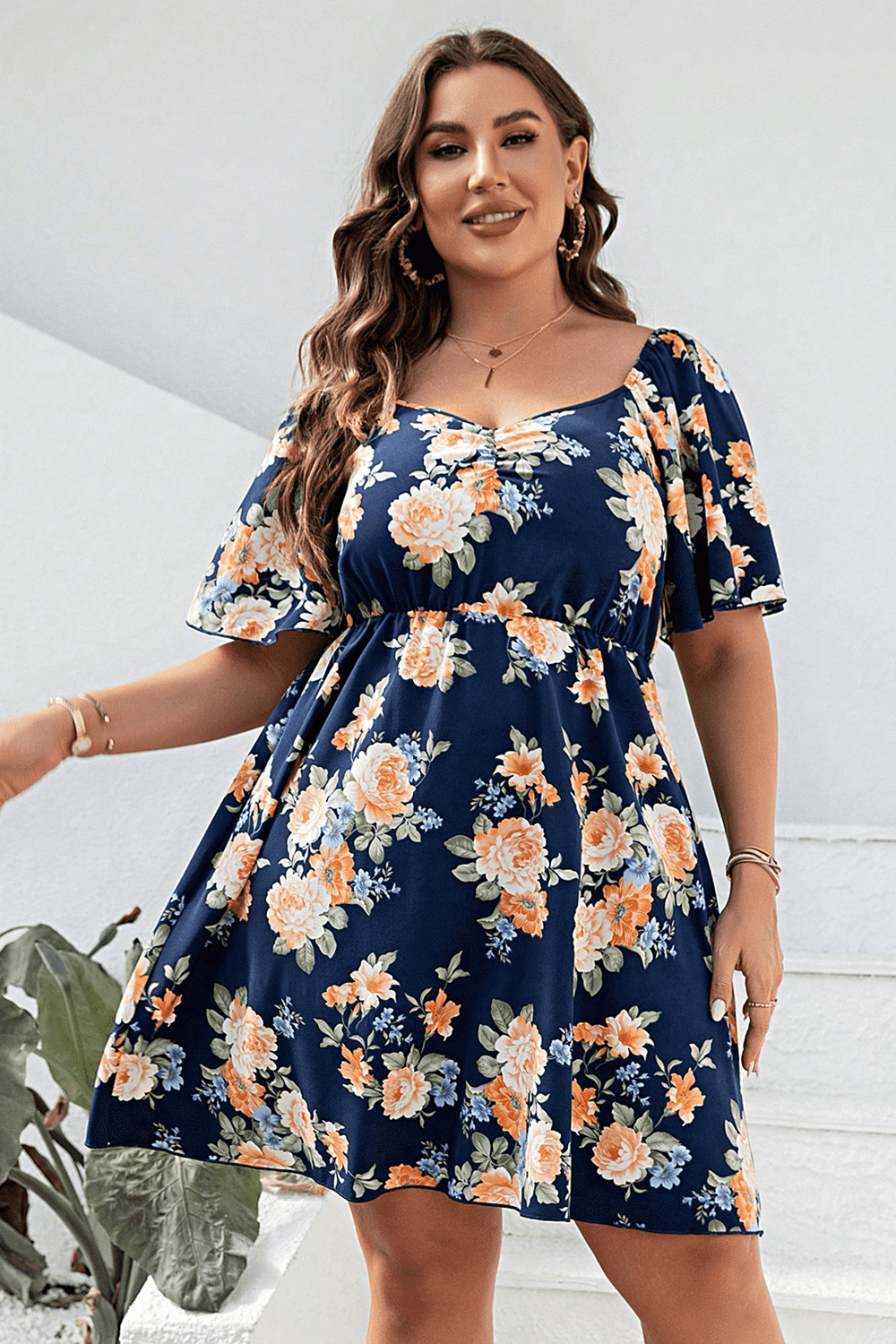 Plus Size Floral Print V-Neck Flutter Sleeve Mini Dress 