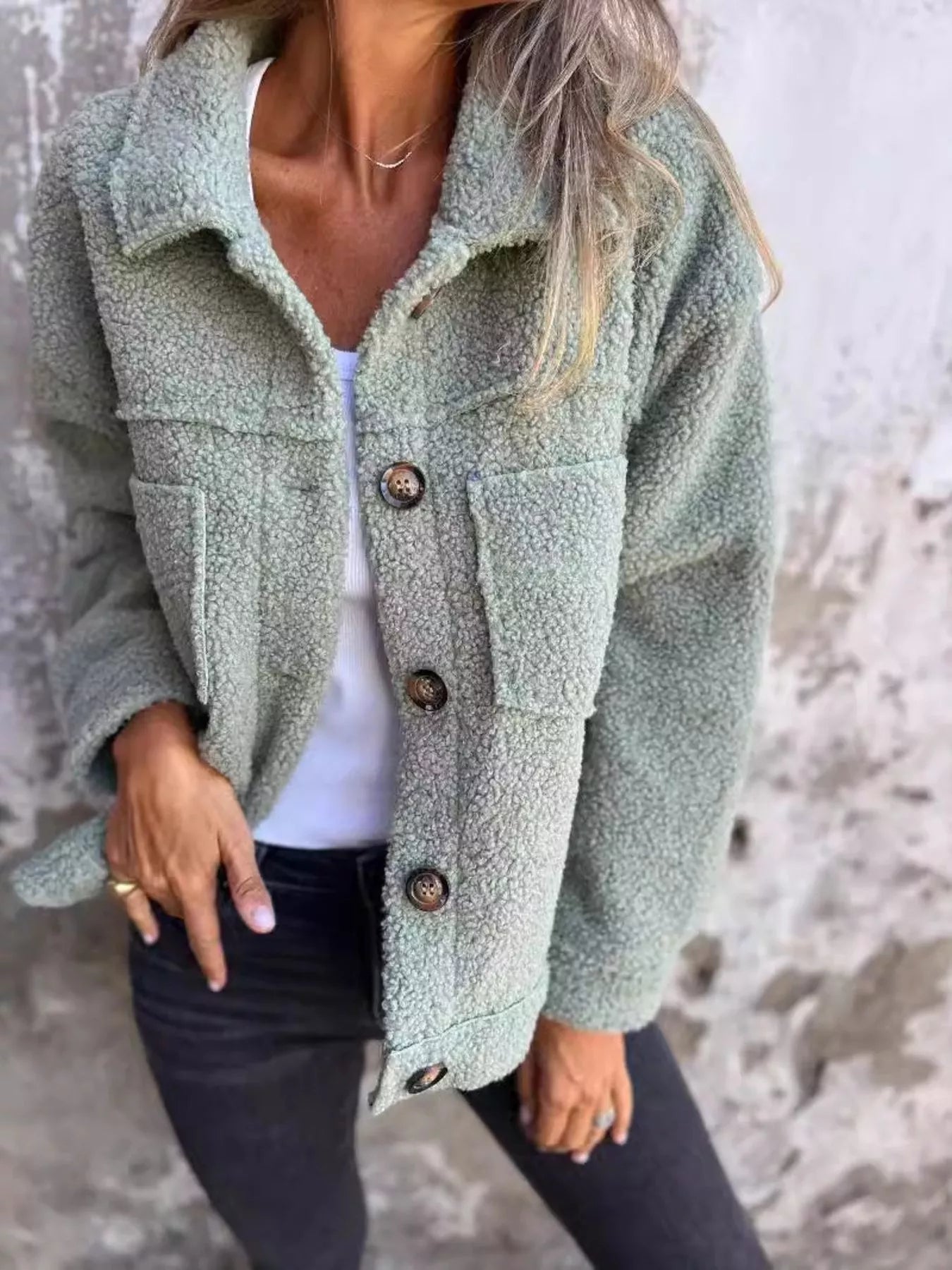 Full Size Single-Breasted Sherpa Shacket Plus Size 
