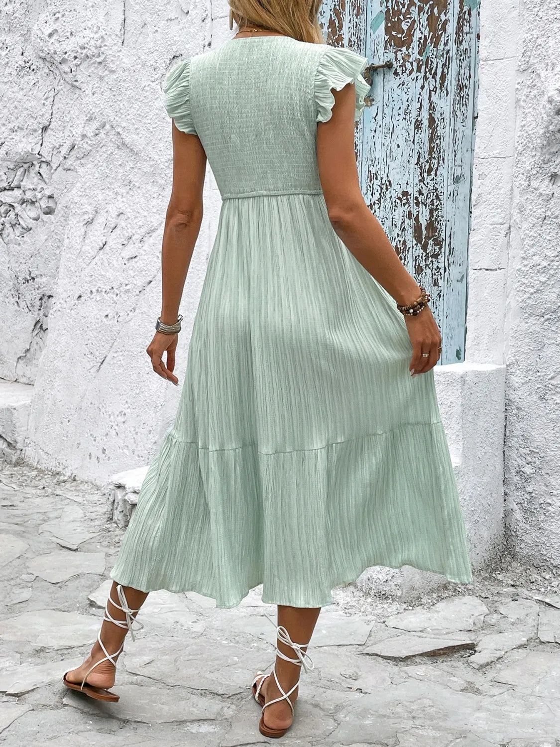 V-Neck Ruffled Cap Sleeve Dress 