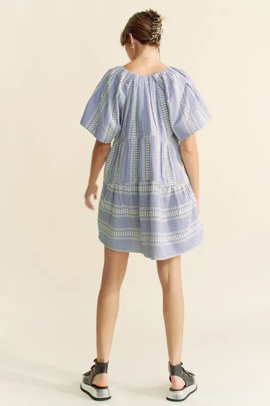 Davi & Dani Embroidered Stripe Ruffled Gingham Mini Dress 