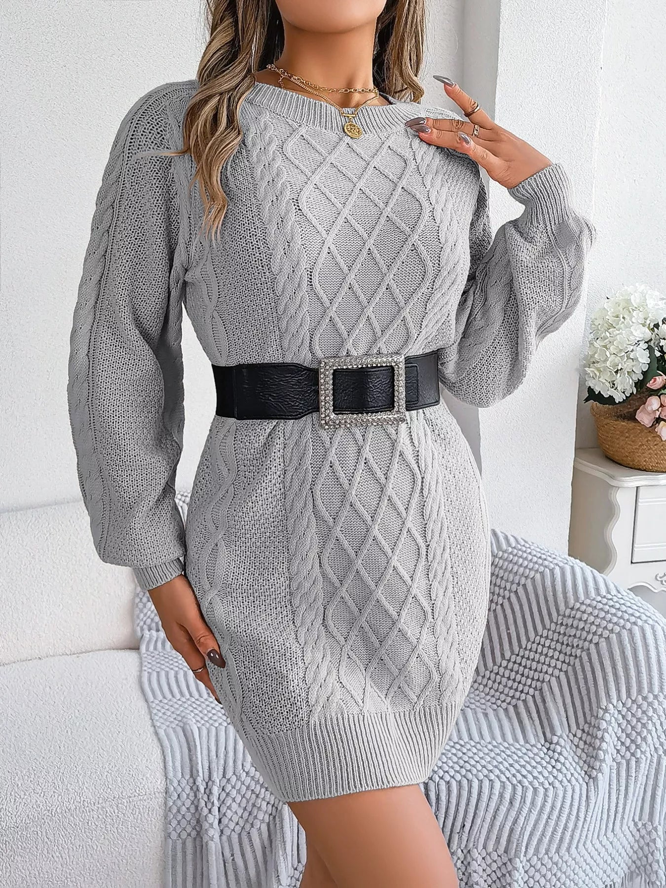Diamond Cable Knit Sweater Dress with Long Sleeves 