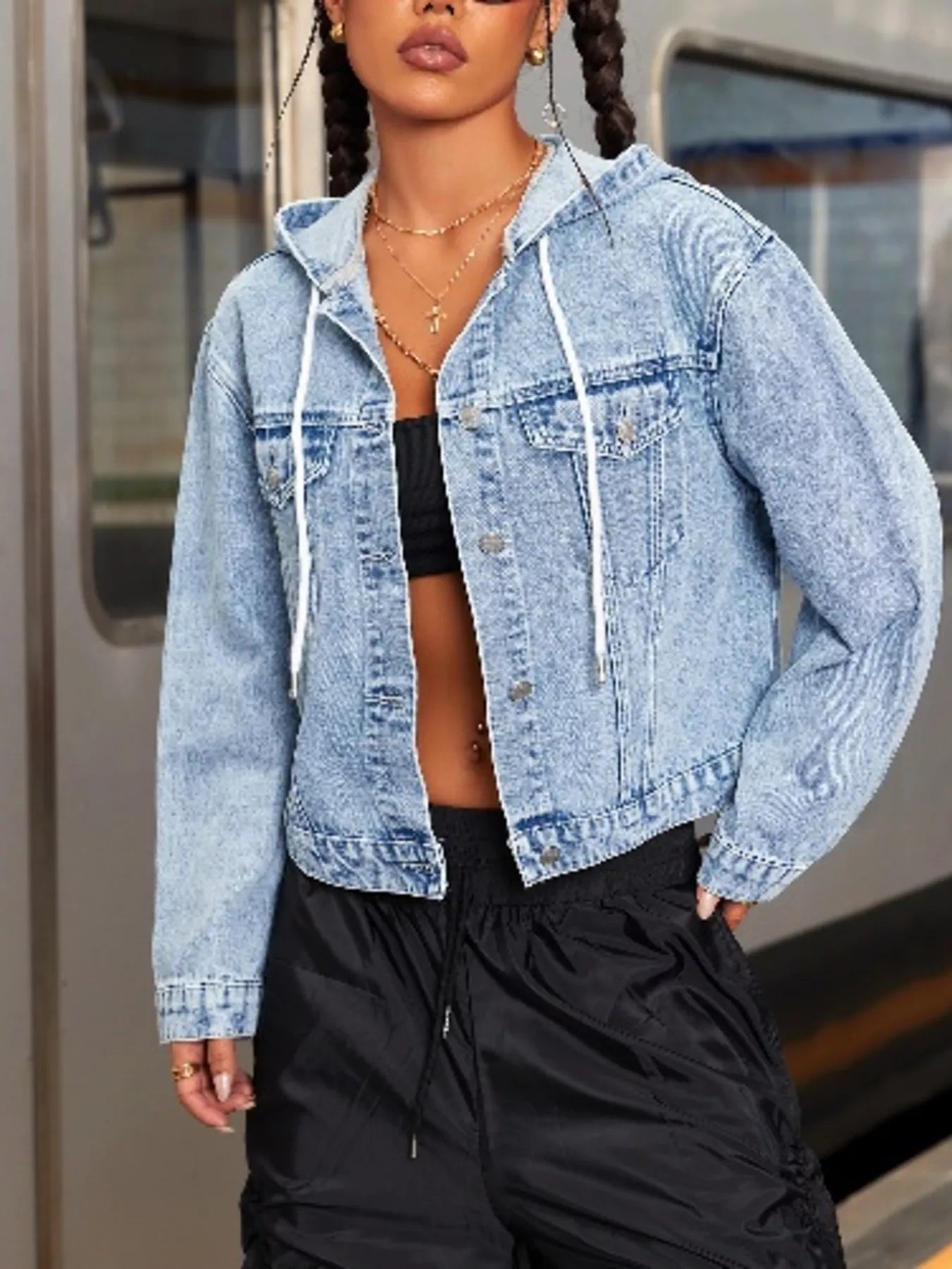 Hooded Drawstring Cropped Denim Jacket 