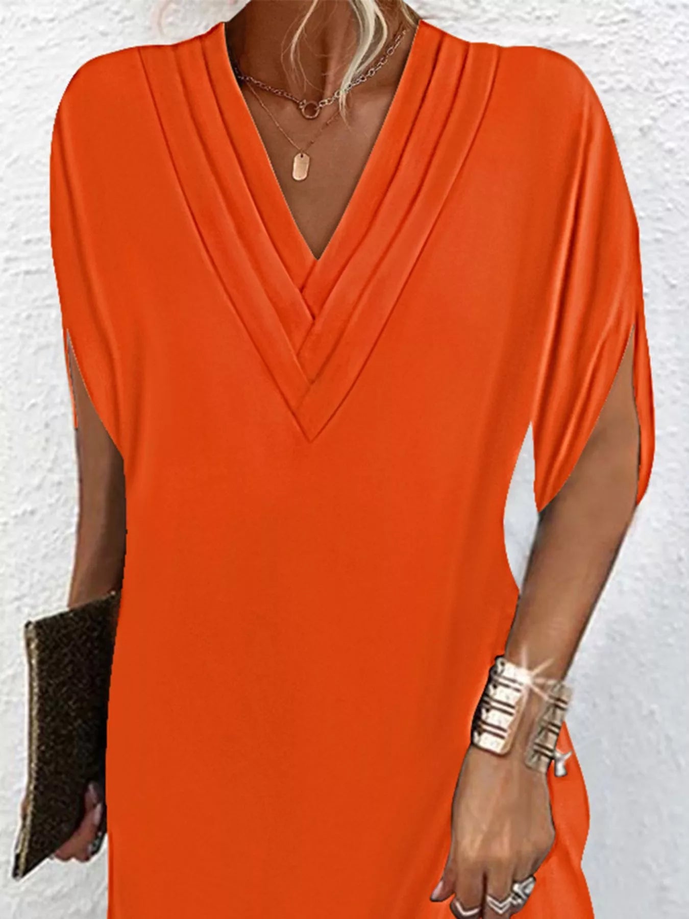 Full Size V-Neck Slit Sleeve Mini Dress Plus Size 
