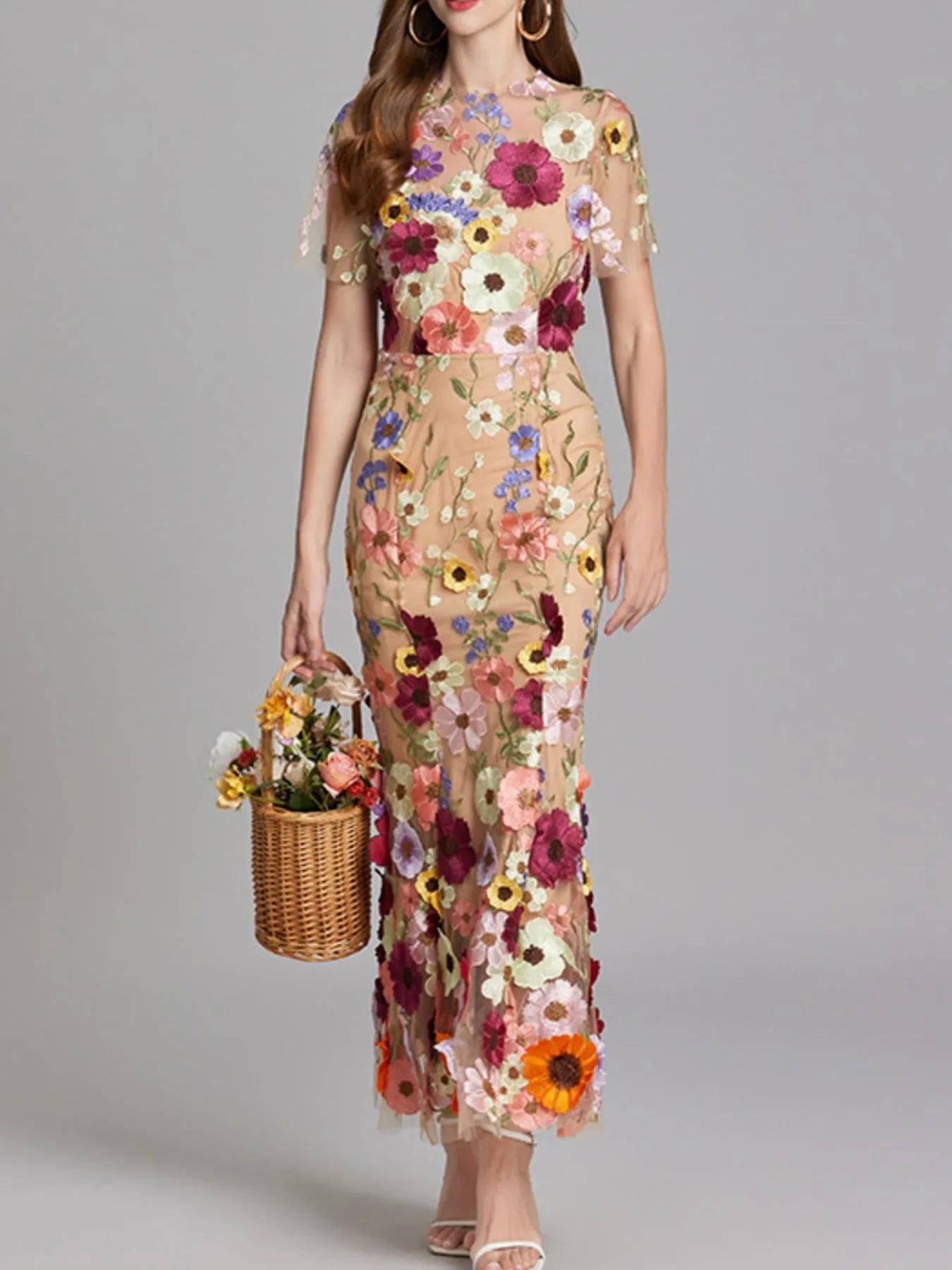 Floral Embroidered Mesh Overlay Maxi Dress 