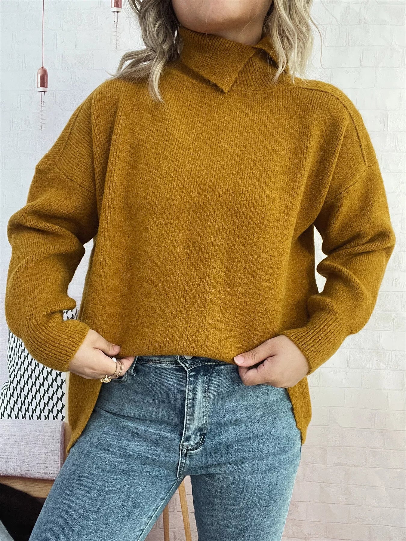 Slit Turtleneck Long Sleeve Sweater 