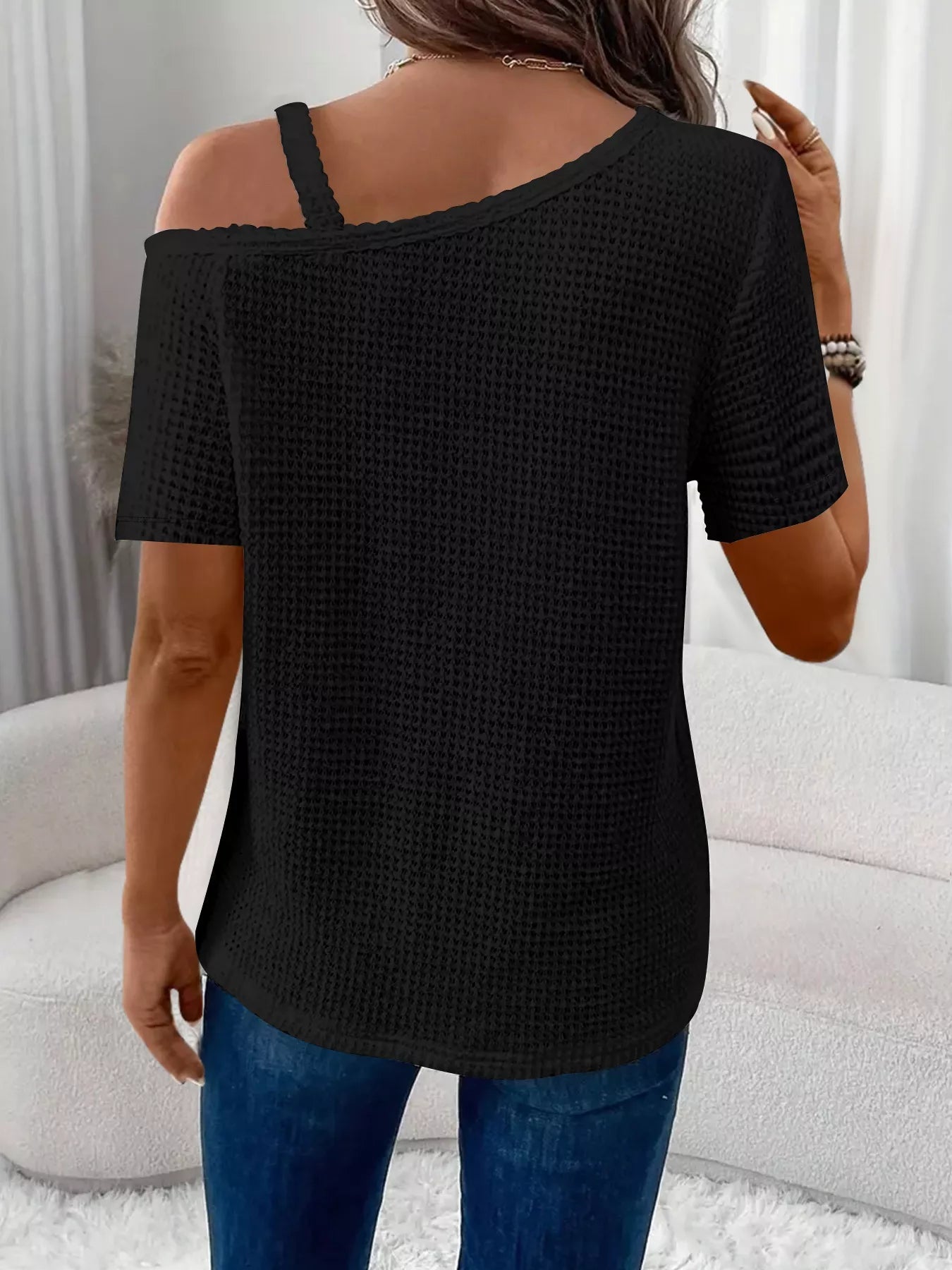 One-Shoulder Chain Detail Waffle Knit T-Shirt 