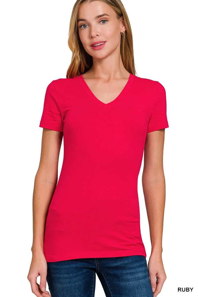 Zenana Basic Cotton V-Neck Short Sleeve T-Shirt 