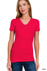 Zenana Basic Cotton V-Neck Short Sleeve T-Shirt 