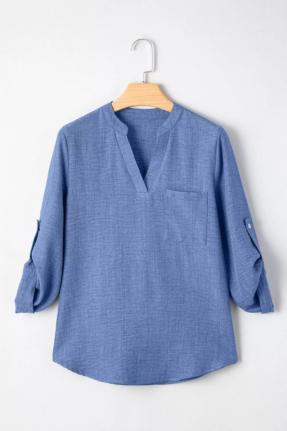 Casual Roll-Up Sleeve Notched Blouse 