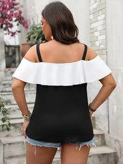 Plus Size Ruffled Contrast Short Sleeve Blouse 