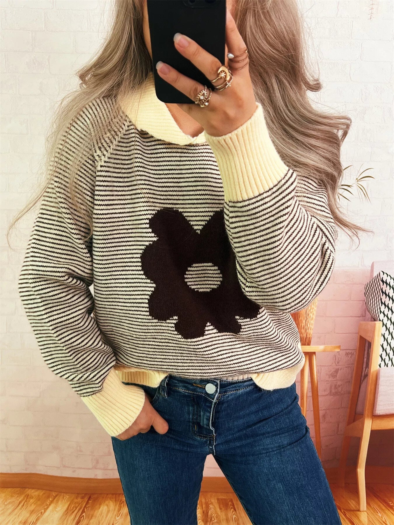 Striped Flower Raglan Sleeve Sweater 
