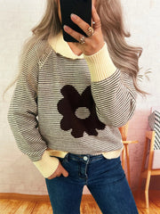 Striped Flower Raglan Sleeve Sweater 