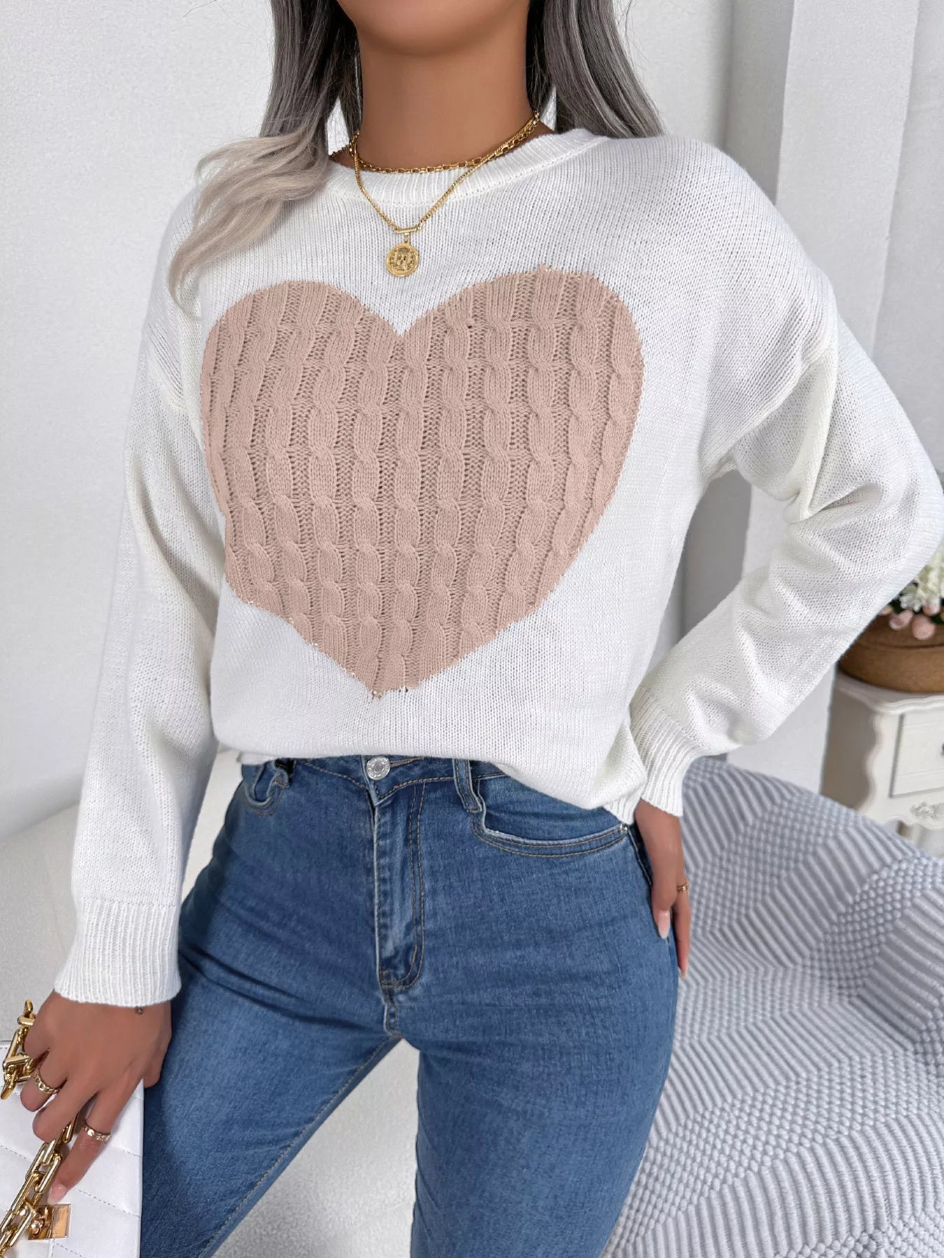 Cable Knit Heart Round Neck Sweater 