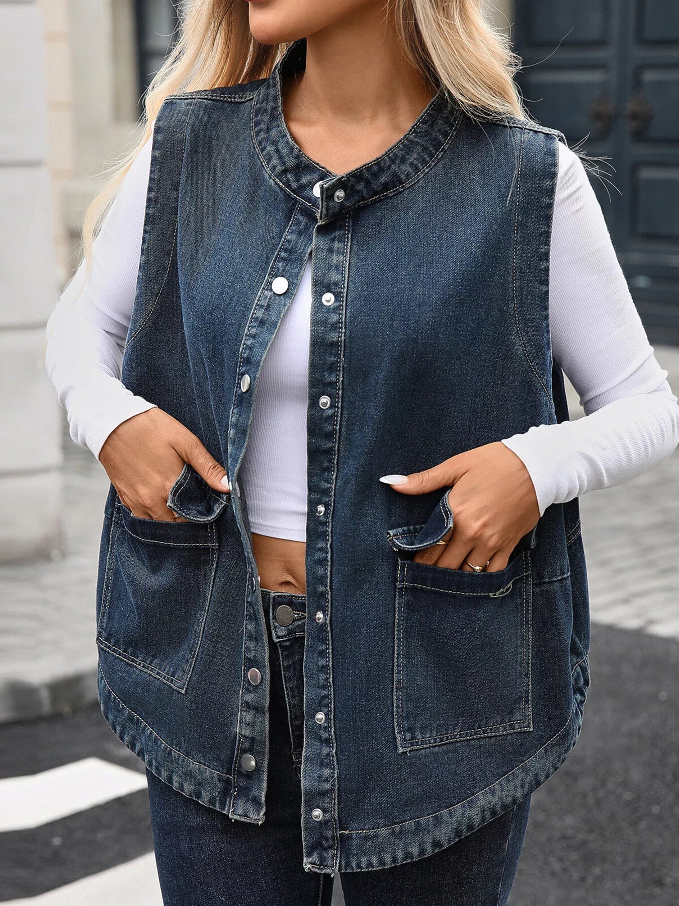 Snap Down Sleeveless Denim Jacket 