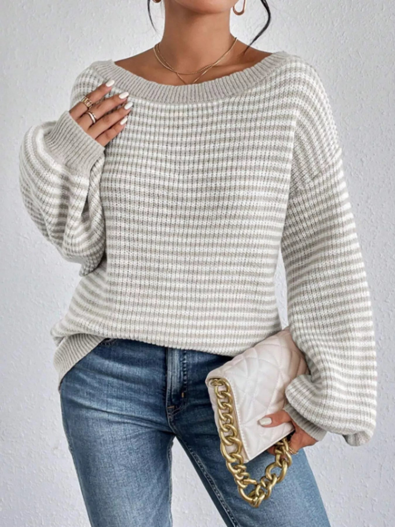 Striped Boat Neck Long Sleeve Sweater 