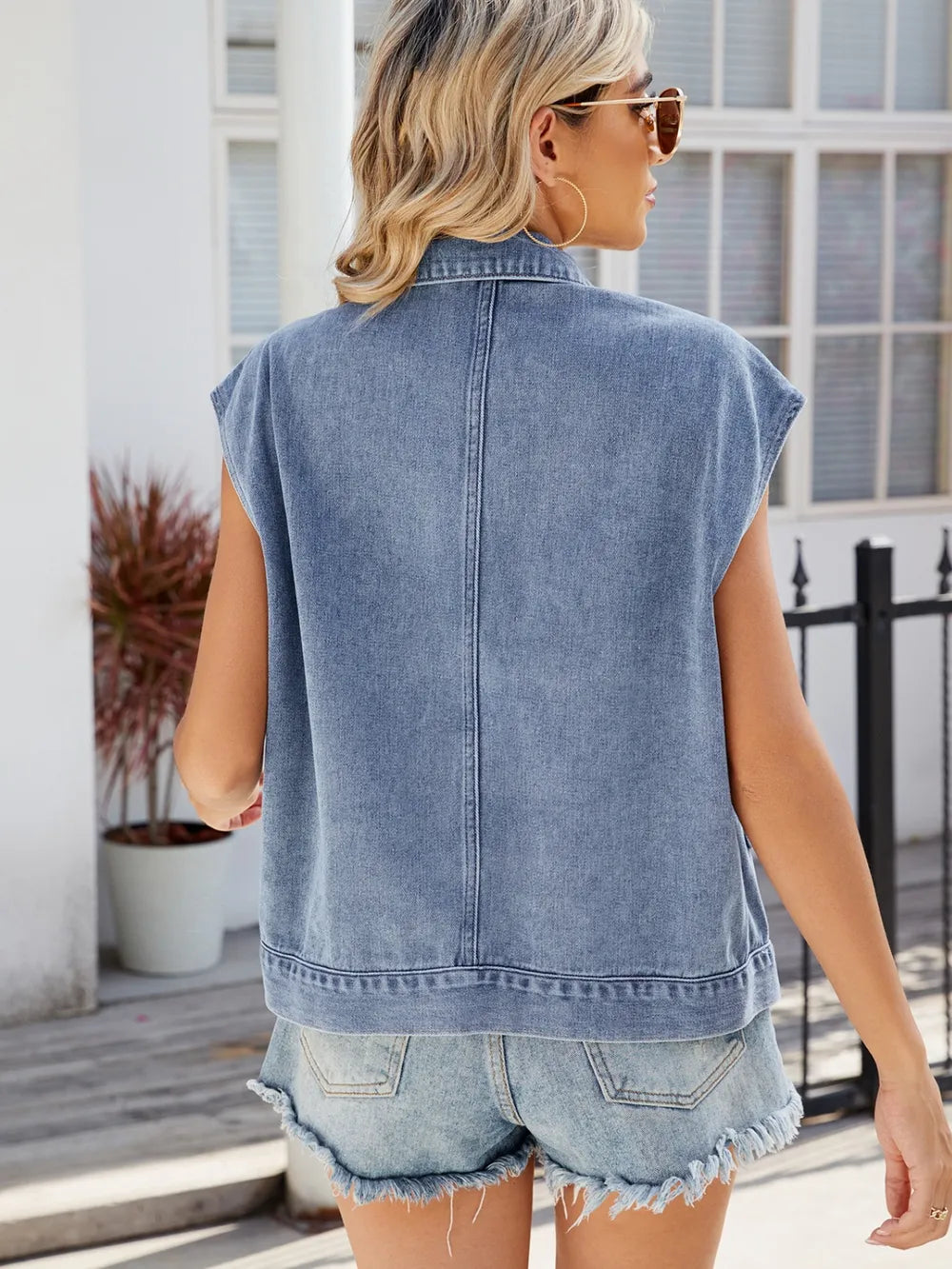 Pocketed Button Up Sleeveless Denim Jacket 