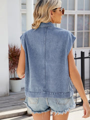 Pocketed Button Up Sleeveless Denim Jacket 