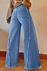 Raw Hem Wide Leg Jeans with Pockets 