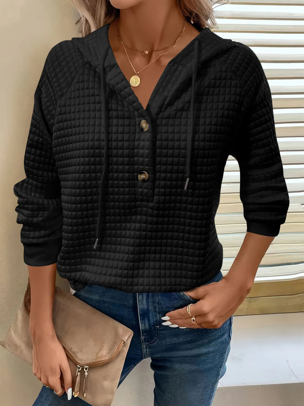 Full Size Texture Button Detail Drawstring Long Sleeve Hoodie 