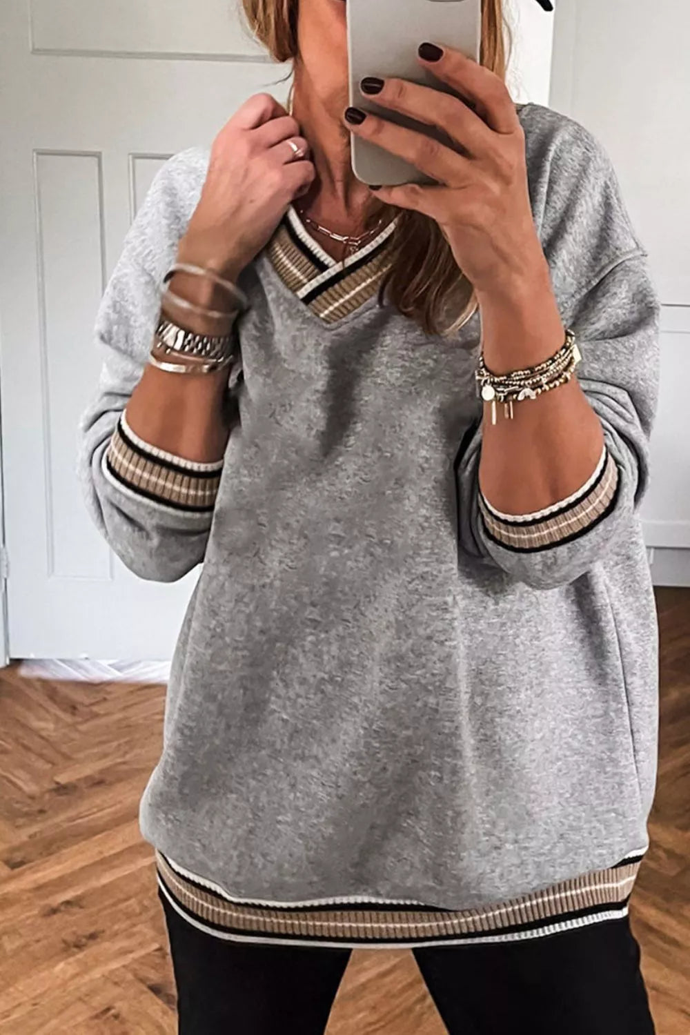 Casual V-Neck Striped Trim Pullover 
