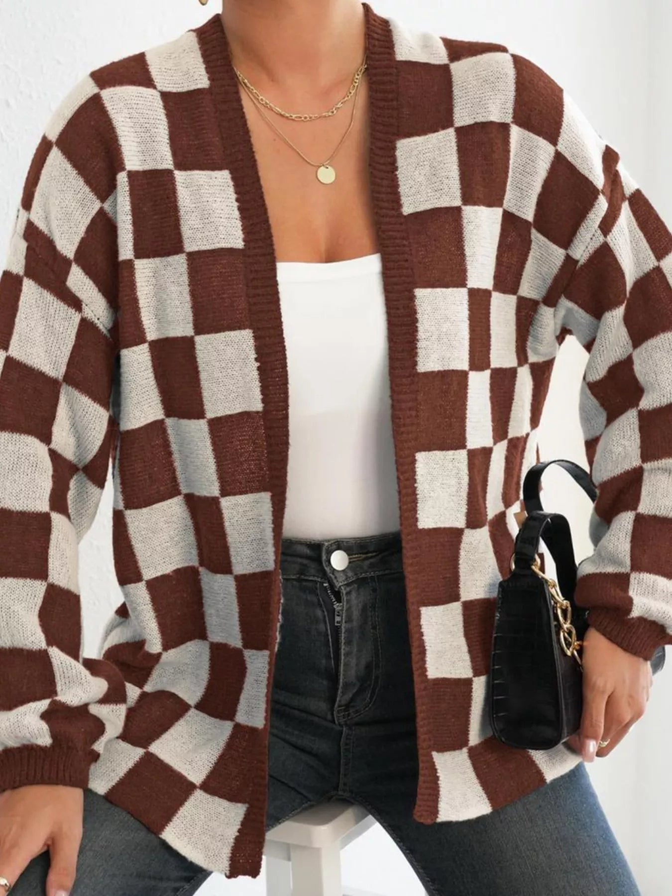 Checkerboard Pattern Open Front Knit Cardigan 