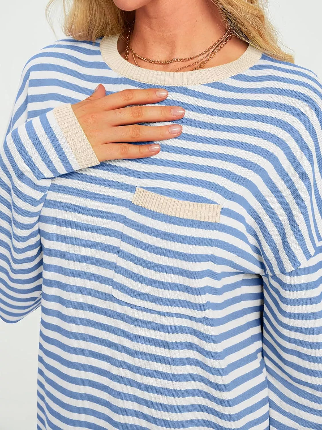 Striped Long Sleeve Sweater with Contrast Ribbed Trim 