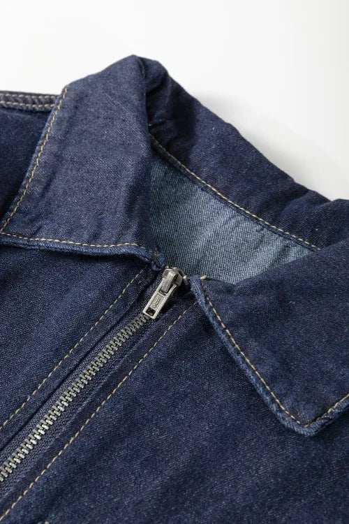 Collared Neck Half Zip Denim Dress 