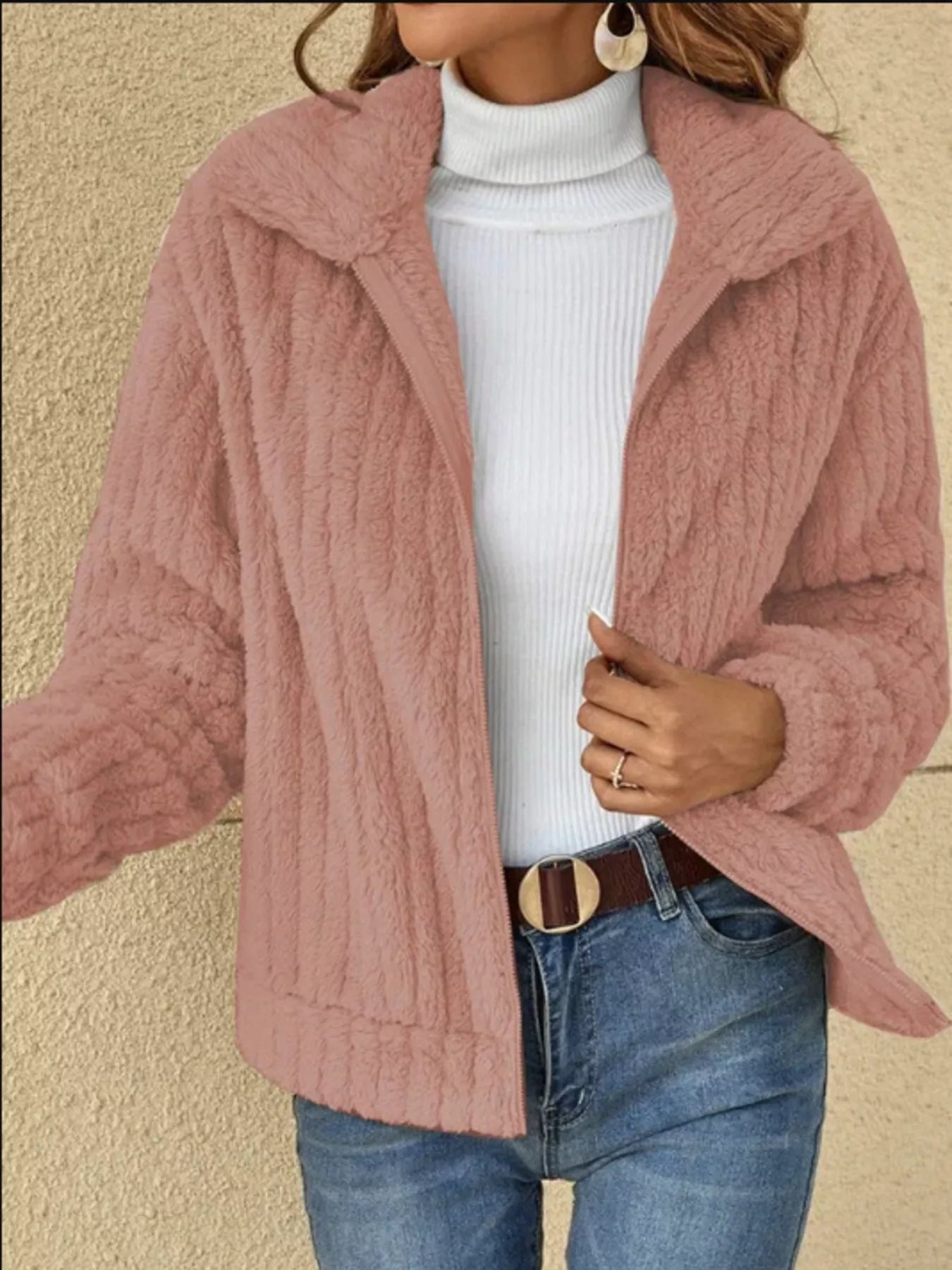 Full Size Zip-Up Long Sleeve Texture Jacket Plus Size 