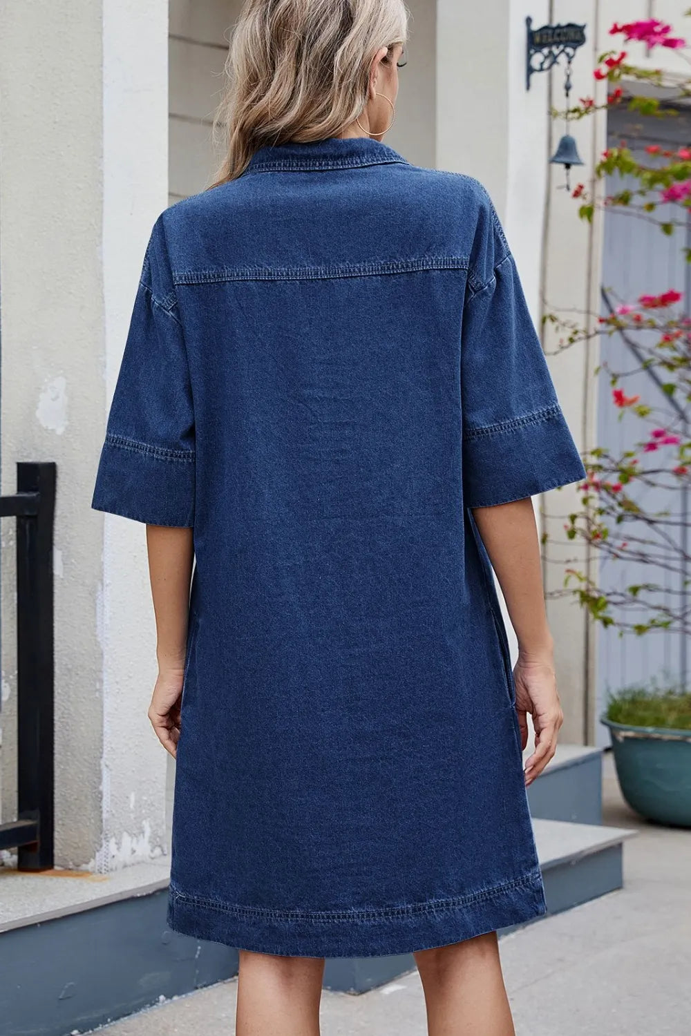 Johnny Collar Half Sleeve Denim Dress 