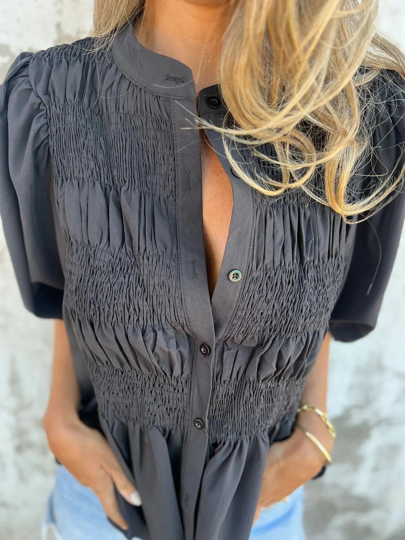 Full Size Smocked Button Front Puff Sleeve Shirt Plus Size 
