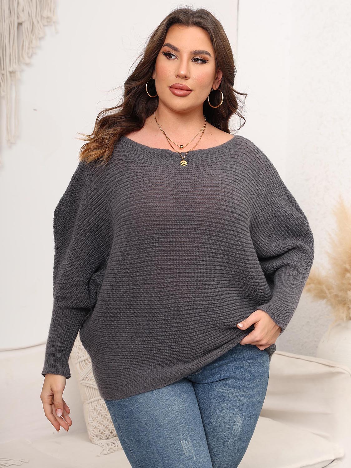 Full Size Boat Neck Batwing Sleeve Sweater 